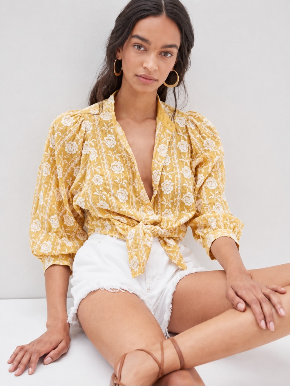 Anthropologie Pilcro Bella Femme Buttondown Floral Embroidered Blouse Yellow M